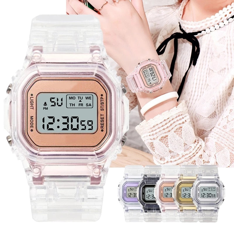 New Fashion Transparent Digital Watch Square Women Watches Sports Electronic Wrist Watch Reloj Mujer Clock Dropshipping - TIKIJTRONICS 0 SPECIFICATIONSWater Resistance Depth: 3BarStyle: simpleOrigin: Mainland ChinaMovement: DigitalFeature: AlarmFeature: Water ResistantFeature: Complete CalendarFeature: luminous handsDial Window Material Type: HardlexClasp Type: Bracelet ClaspCase Shape: RectangleCase Material: Tungsten SteelBand Material Type: Silicone TIKIJTRONICS  (Store description)