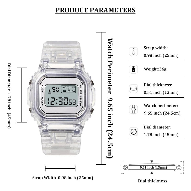 New Fashion Transparent Digital Watch Square Women Watches Sports Electronic Wrist Watch Reloj Mujer Clock Dropshipping - TIKIJTRONICS 0 SPECIFICATIONSWater Resistance Depth: 3BarStyle: simpleOrigin: Mainland ChinaMovement: DigitalFeature: AlarmFeature: Water ResistantFeature: Complete CalendarFeature: luminous handsDial Window Material Type: HardlexClasp Type: Bracelet ClaspCase Shape: RectangleCase Material: Tungsten SteelBand Material Type: Silicone TIKIJTRONICS  (Store description)