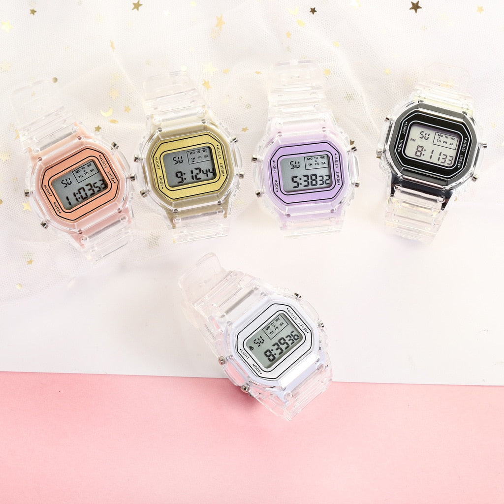 New Fashion Transparent Digital Watch Square Women Watches Sports Electronic Wrist Watch Reloj Mujer Clock Dropshipping - TIKIJTRONICS 0 SPECIFICATIONSWater Resistance Depth: 3BarStyle: simpleOrigin: Mainland ChinaMovement: DigitalFeature: AlarmFeature: Water ResistantFeature: Complete CalendarFeature: luminous handsDial Window Material Type: HardlexClasp Type: Bracelet ClaspCase Shape: RectangleCase Material: Tungsten SteelBand Material Type: Silicone TIKIJTRONICS  (Store description)