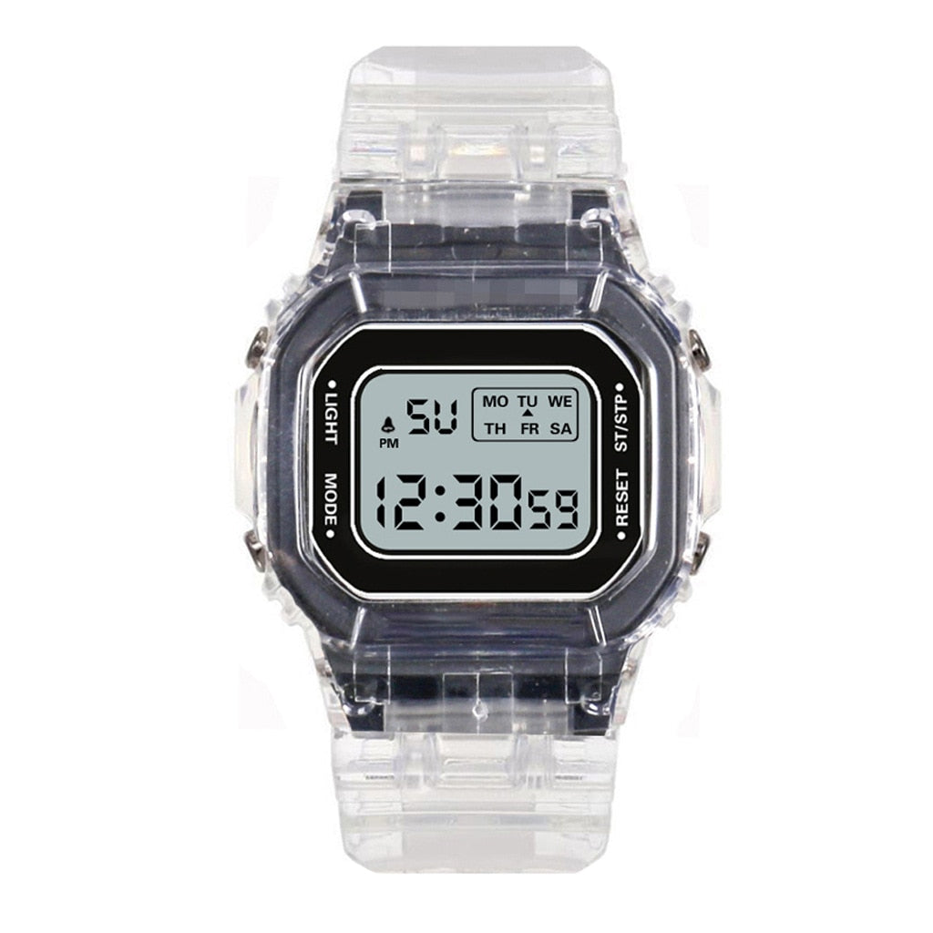 New Fashion Transparent Digital Watch Square Women Watches Sports Electronic Wrist Watch Reloj Mujer Clock Dropshipping - TIKIJTRONICS 0 SPECIFICATIONSWater Resistance Depth: 3BarStyle: simpleOrigin: Mainland ChinaMovement: DigitalFeature: AlarmFeature: Water ResistantFeature: Complete CalendarFeature: luminous handsDial Window Material Type: HardlexClasp Type: Bracelet ClaspCase Shape: RectangleCase Material: Tungsten SteelBand Material Type: Silicone TIKIJTRONICS  (Store description)