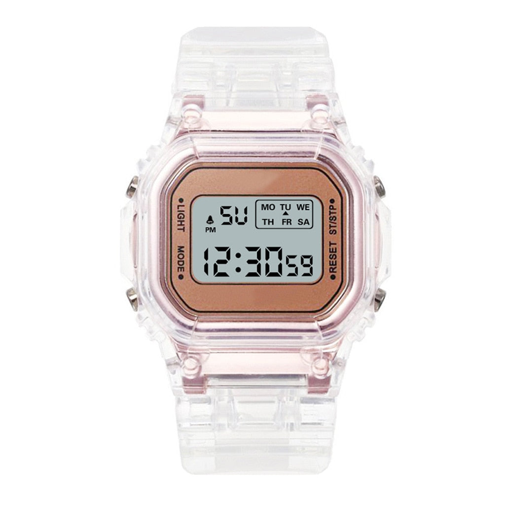 New Fashion Transparent Digital Watch Square Women Watches Sports Electronic Wrist Watch Reloj Mujer Clock Dropshipping - TIKIJTRONICS 0 SPECIFICATIONSWater Resistance Depth: 3BarStyle: simpleOrigin: Mainland ChinaMovement: DigitalFeature: AlarmFeature: Water ResistantFeature: Complete CalendarFeature: luminous handsDial Window Material Type: HardlexClasp Type: Bracelet ClaspCase Shape: RectangleCase Material: Tungsten SteelBand Material Type: Silicone TIKIJTRONICS  (Store description)