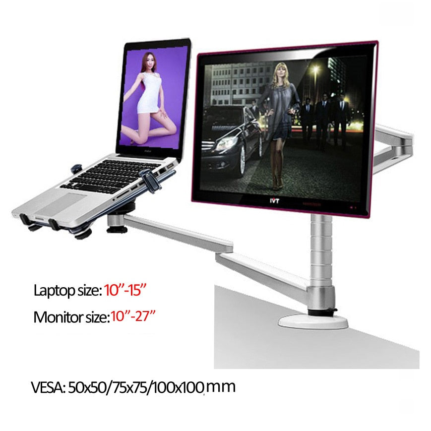 OA-7X Multimedia Desktop Dual Arm 27inch LCD Monior Holder+ Laptop Holder Stand Table Full Motion Dual Monitor Mount Arm Stand TIKIJTRONICS