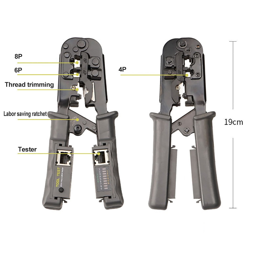 OULLX Multifunctional RJ45 Network Cable Crimper 8P6P4P Three-Purpose Tester Ratchet Tool Squeeze Crimping Wire Network Pliers - TIKIJTRONICS 0 SPECIFICATIONSType: Cable CrimperPackage: YesOrigin: Mainland ChinaModel Number: Network pliers+TesterCertification: CE,RoHSBrand Name: OULLX TIKIJTRONICS  (Store description)