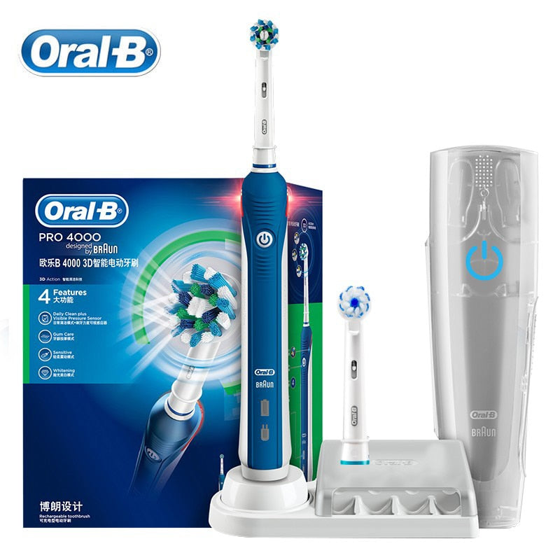 Oral B Pro 4000 3D Smartseries Ultrasonic Electric Toothbrush with Visible Pressure Sensor Power 4 Modes Waterproof Rechargeable - TIKIJTRONICS # 0