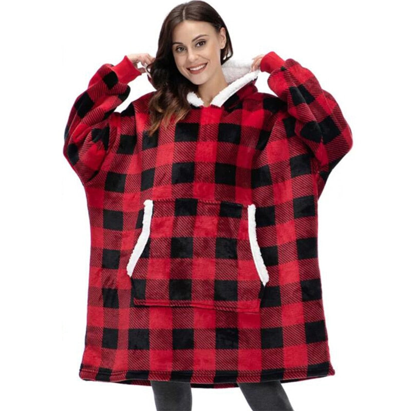 Plaid Hoodie Blanket Winter Soft Weighted Fleece Christmas Hooded Blankets Warm Oversized Sherpa Wearable Blanket With Sleeves TIKIJTRONICS