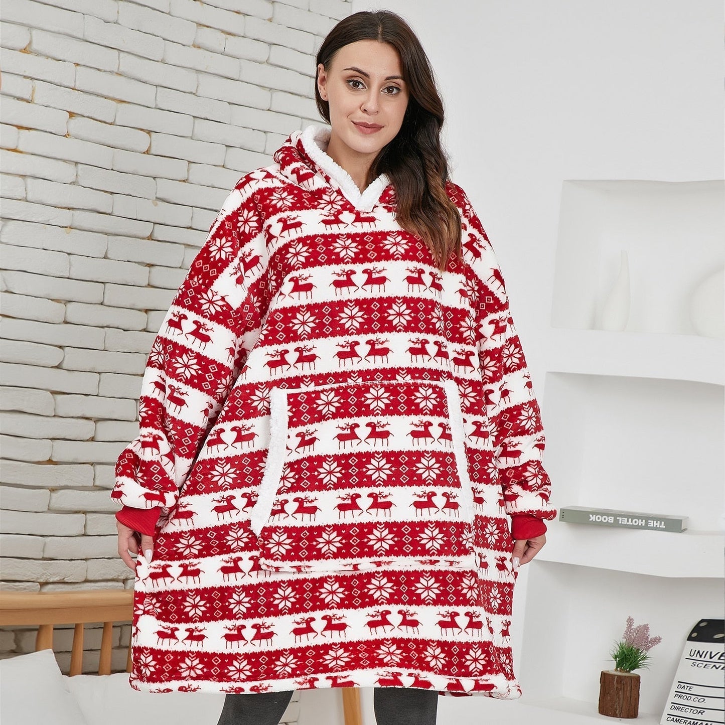 Plaid Hoodie Blanket Winter Soft Weighted Fleece Christmas Hooded Blankets Warm Oversized Sherpa Wearable Blanket With Sleeves - TIKIJTRONICS # 0