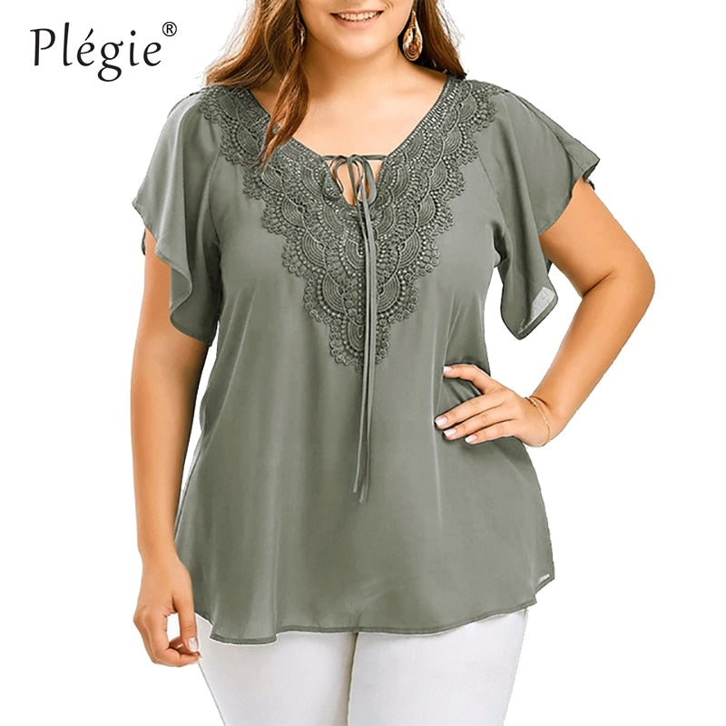 Plegie Large Size Lace Patchwork Shirt Womens Tops and Blouses Short Sleeve Big Size Blusas Femininas Blusas Mujer De Moda 2022 - TIKIJTRONICS # 0