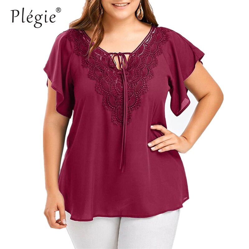 Plegie Large Size Lace Patchwork Shirt Womens Tops and Blouses Short Sleeve Big Size Blusas Femininas Blusas Mujer De Moda 2022 - TIKIJTRONICS # 0