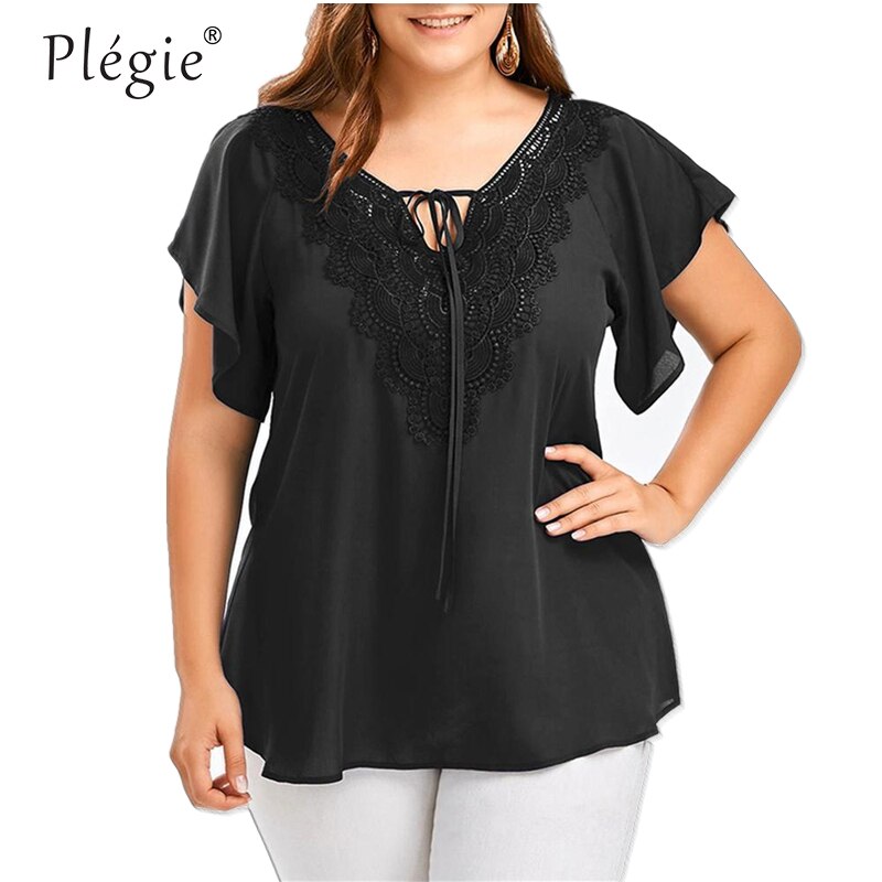 Plegie Large Size Lace Patchwork Shirt Womens Tops and Blouses Short Sleeve Big Size Blusas Femininas Blusas Mujer De Moda 2022 - TIKIJTRONICS # 0