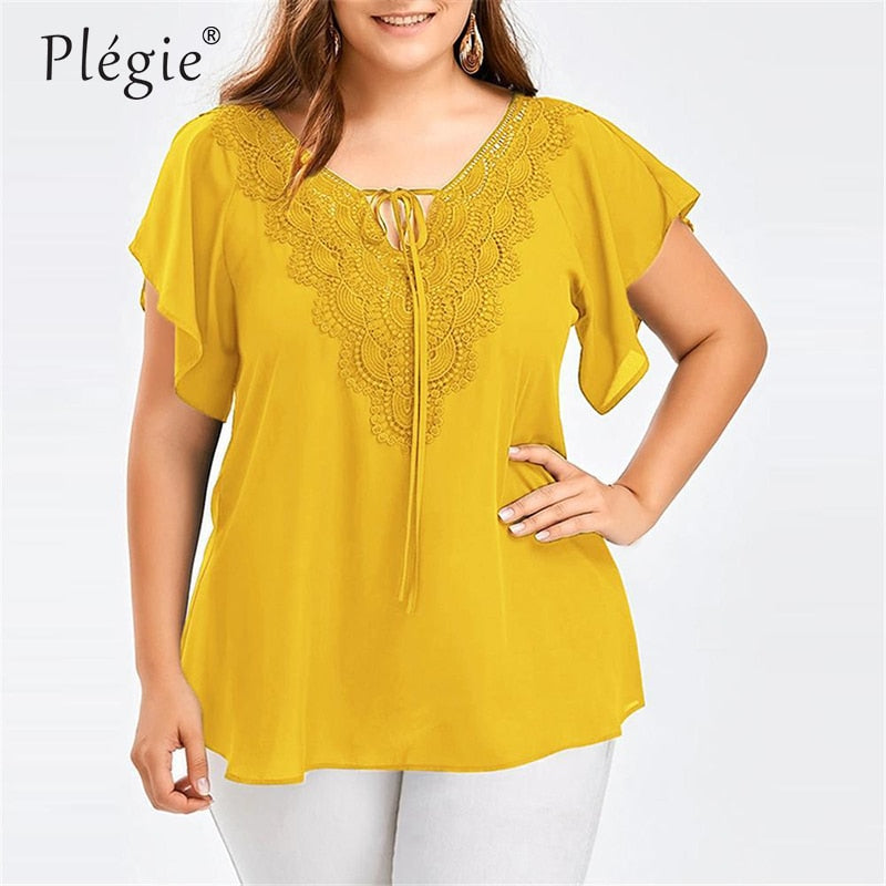 Plegie Large Size Lace Patchwork Shirt Womens Tops and Blouses Short Sleeve Big Size Blusas Femininas Blusas Mujer De Moda 2022 - TIKIJTRONICS # 0