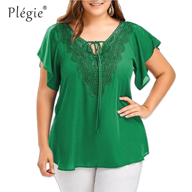 Plegie Large Size Lace Patchwork Shirt Womens Tops and Blouses Short Sleeve Big Size Blusas Femininas Blusas Mujer De Moda 2022 - TIKIJTRONICS # 0