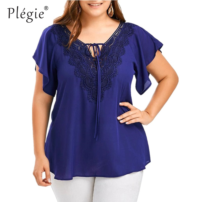 Plegie Large Size Lace Patchwork Shirt Womens Tops and Blouses Short Sleeve Big Size Blusas Femininas Blusas Mujer De Moda 2022 - TIKIJTRONICS # 0