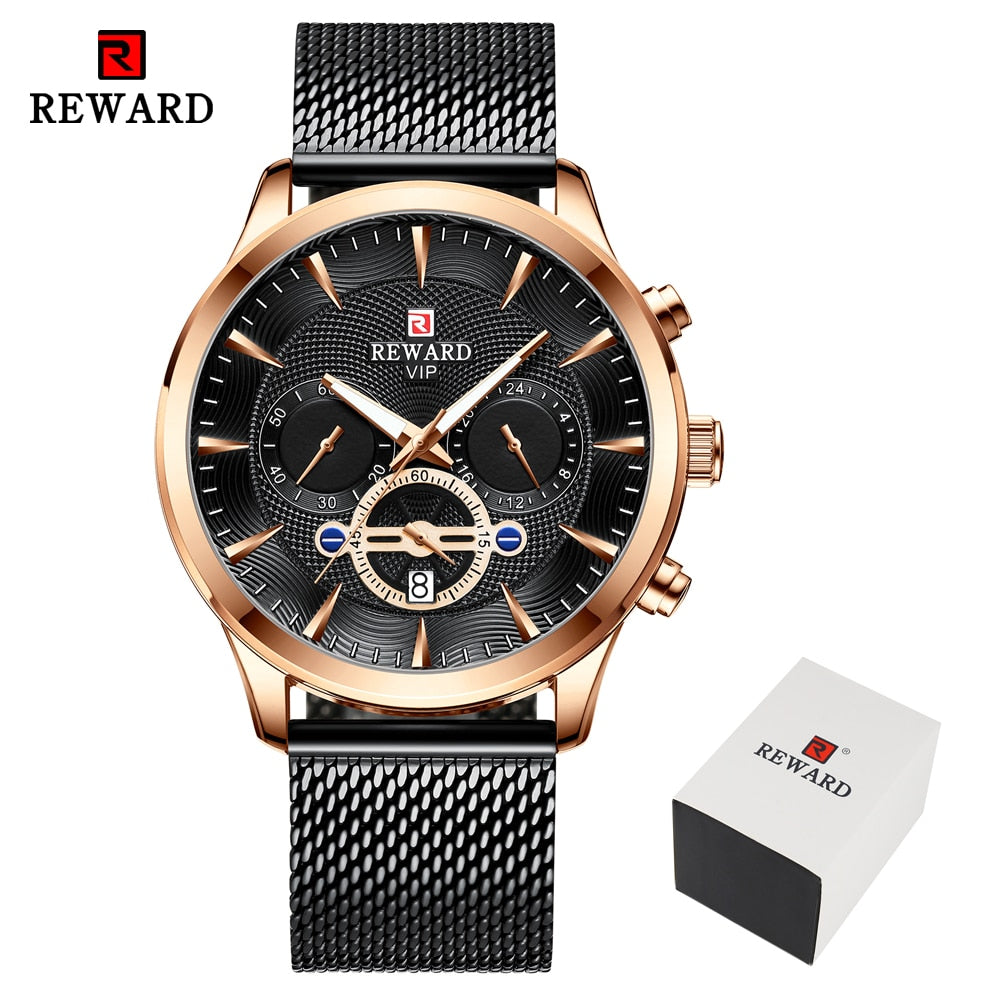 REWARD Fashion Mens Business Watches Top Brand Luxury Full Steel Black Gold Quartz Watch Men Date Calendar Waterproof Wristwatch TIKIJTRONICS