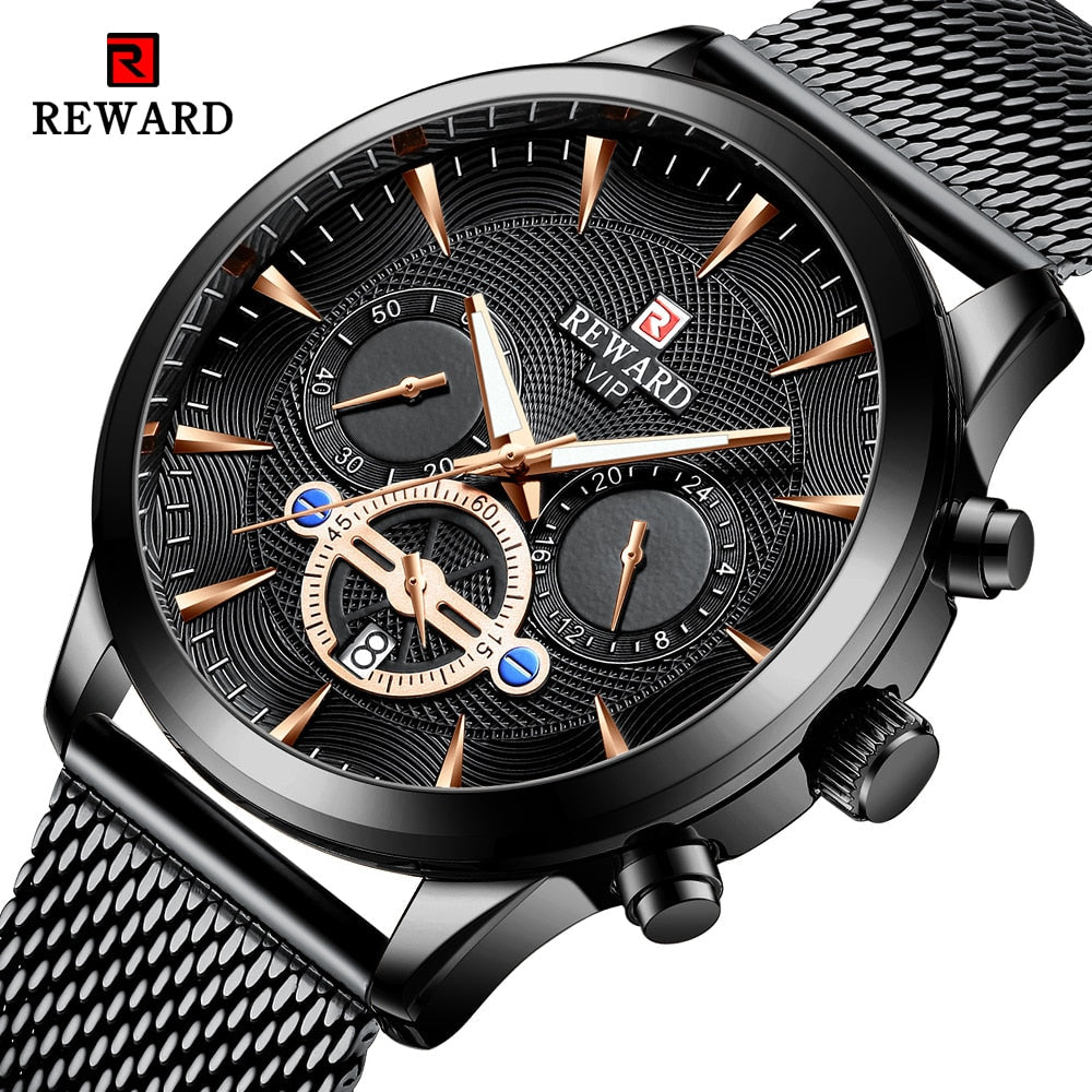 REWARD Fashion Mens Business Watches Top Brand Luxury Full Steel Black Gold Quartz Watch Men Date Calendar Waterproof Wristwatch - TIKIJTRONICS # 0