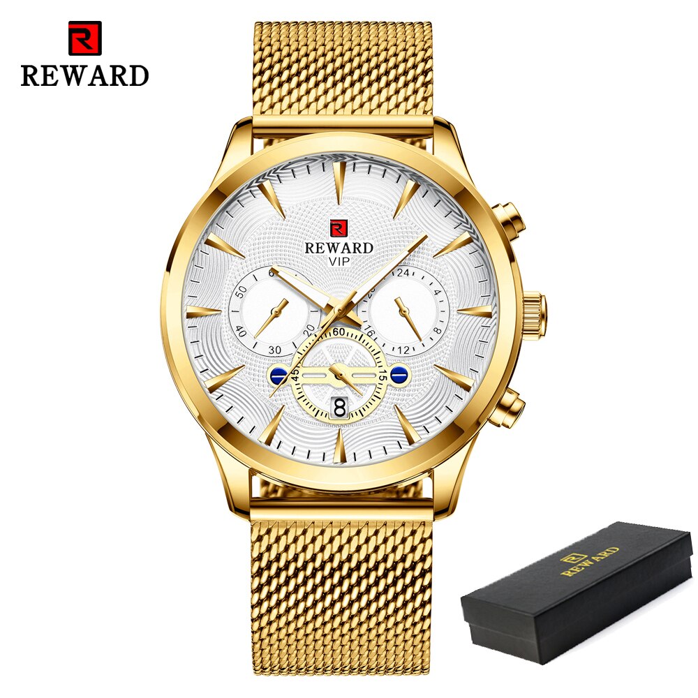 REWARD Fashion Mens Business Watches Top Brand Luxury Full Steel Black Gold Quartz Watch Men Date Calendar Waterproof Wristwatch - TIKIJTRONICS # 0