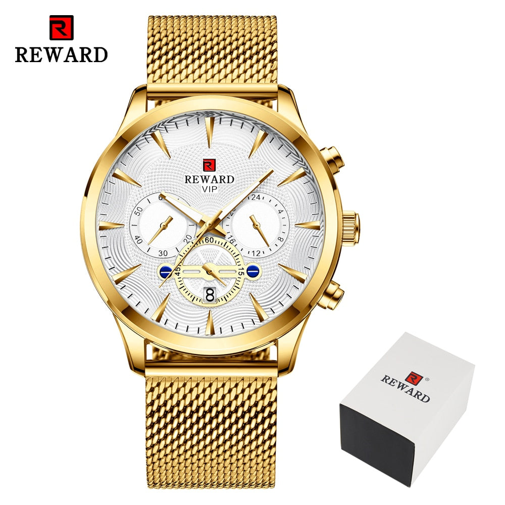 REWARD Fashion Mens Business Watches Top Brand Luxury Full Steel Black Gold Quartz Watch Men Date Calendar Waterproof Wristwatch - TIKIJTRONICS # 0