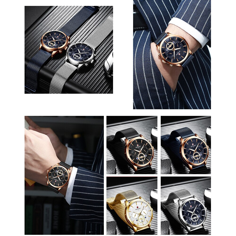 REWARD Fashion Mens Business Watches Top Brand Luxury Full Steel Black Gold Quartz Watch Men Date Calendar Waterproof Wristwatch - TIKIJTRONICS # 0