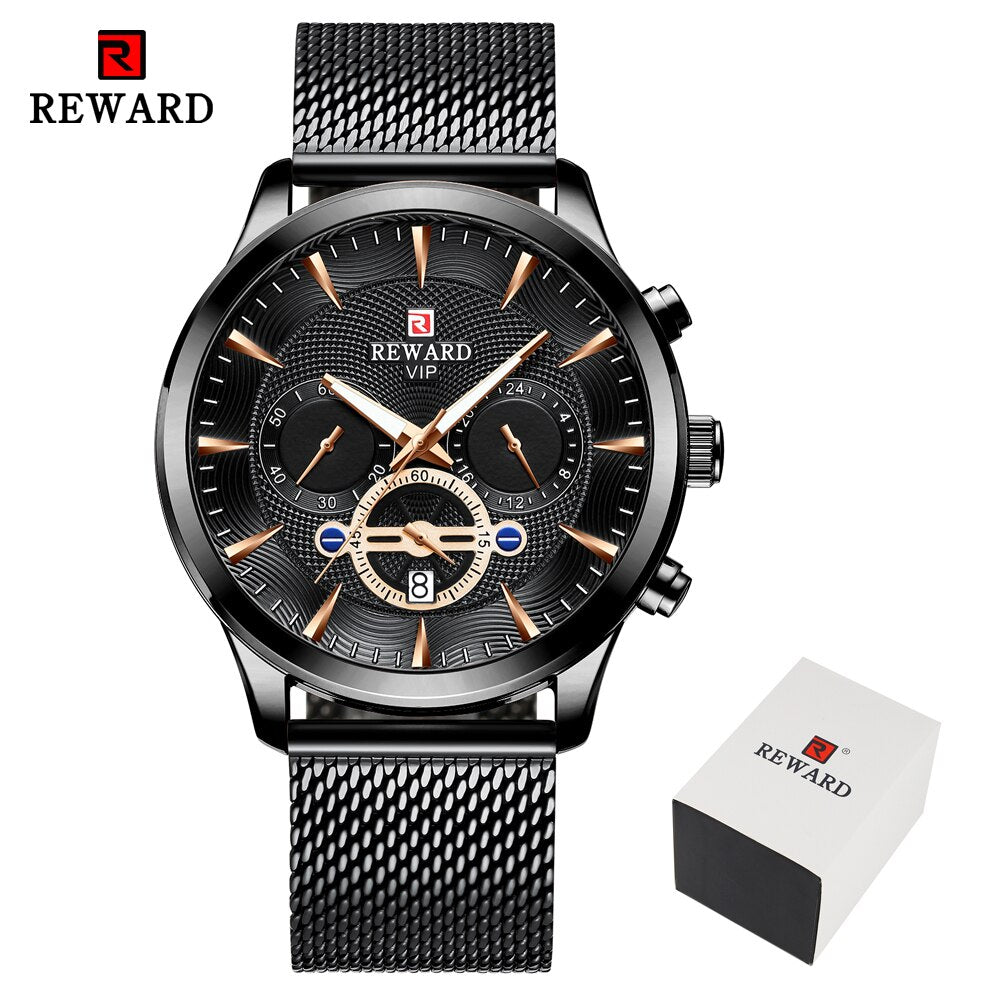 REWARD Fashion Mens Business Watches Top Brand Luxury Full Steel Black Gold Quartz Watch Men Date Calendar Waterproof Wristwatch - TIKIJTRONICS # 0