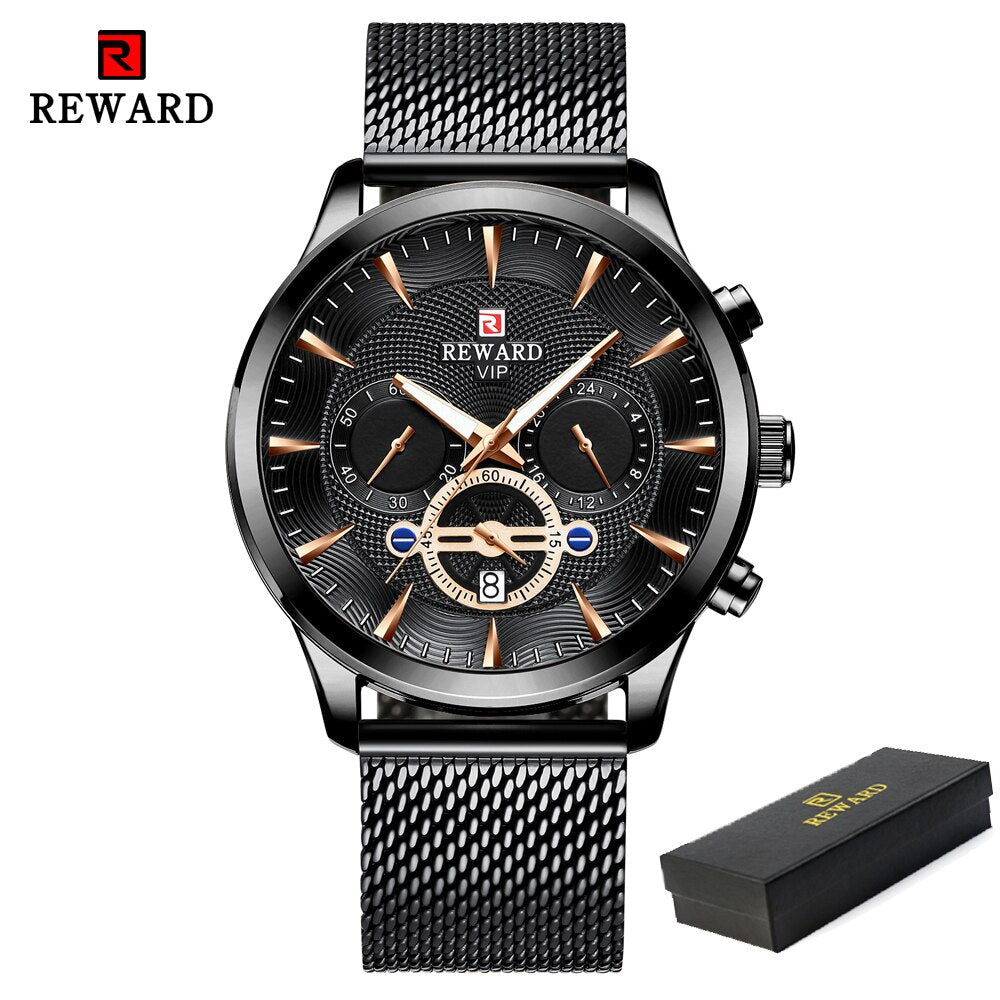 REWARD Fashion Mens Business Watches Top Brand Luxury Full Steel Black Gold Quartz Watch Men Date Calendar Waterproof Wristwatch - TIKIJTRONICS # 0