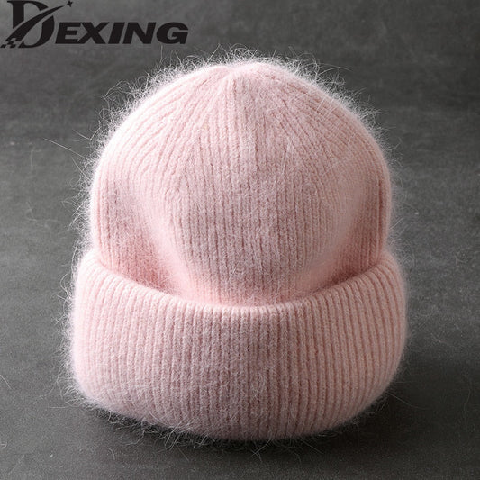 Rabbit Fur Beanies Soft Warm Fluffy  Winter Hat for Women Angora Knitted Hat  Skullies Beanies Female Bonnet Woman Knit Cap - TIKIJTRONICS # 0