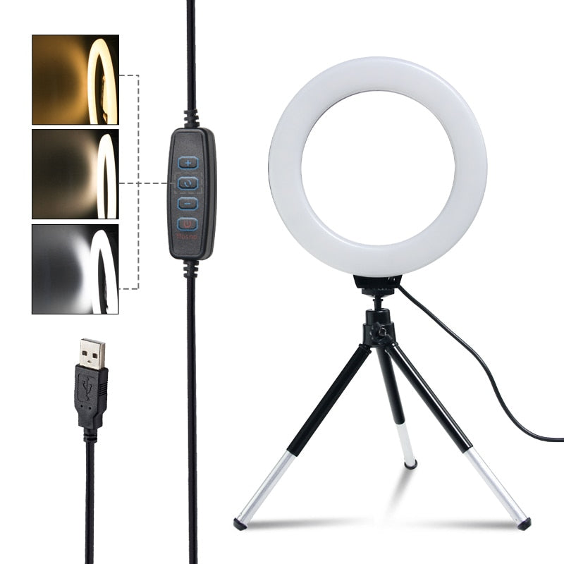 SH 16cm 6 inch Ring Light With Tripod Stand Usb Charge Selfie Led Lamp Dimmable Photography Light For Photo Photography Studio - TIKIJTRONICS # 0