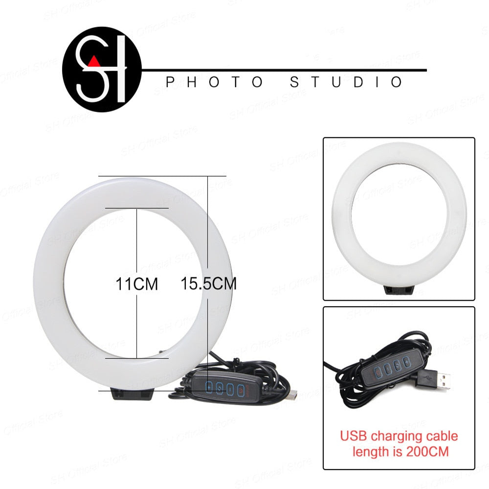 SH 16cm 6 inch Ring Light With Tripod Stand Usb Charge Selfie Led Lamp Dimmable Photography Light For Photo Photography Studio - TIKIJTRONICS # 0