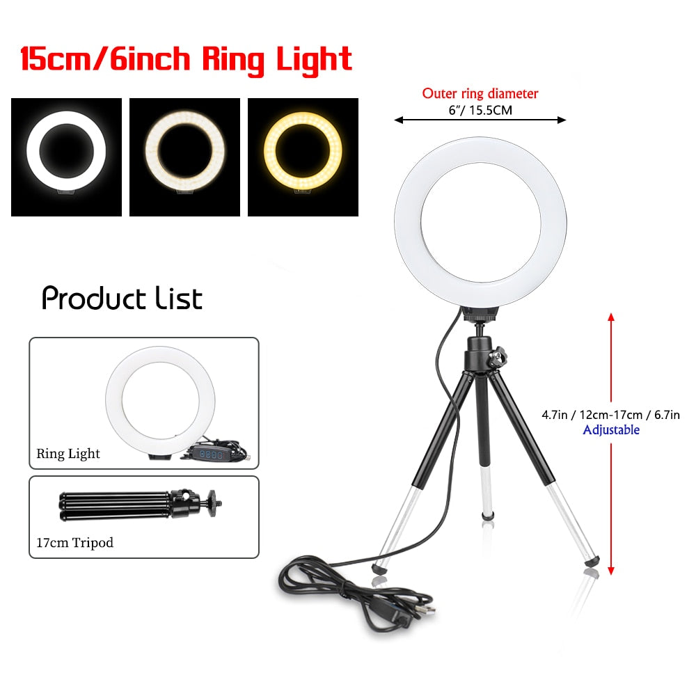 SH 16cm 6 inch Ring Light With Tripod Stand Usb Charge Selfie Led Lamp Dimmable Photography Light For Photo Photography Studio - TIKIJTRONICS # 0