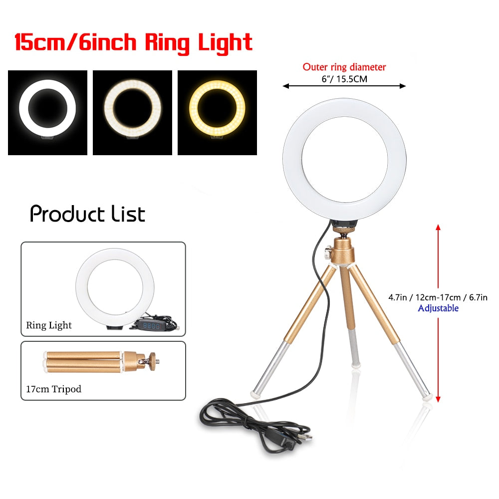 SH 16cm 6 inch Ring Light With Tripod Stand Usb Charge Selfie Led Lamp Dimmable Photography Light For Photo Photography Studio - TIKIJTRONICS # 0