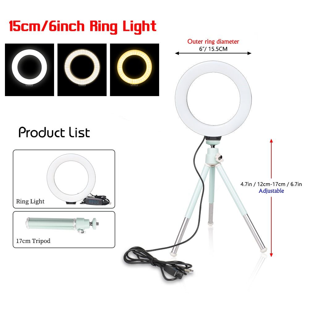 SH 16cm 6 inch Ring Light With Tripod Stand Usb Charge Selfie Led Lamp Dimmable Photography Light For Photo Photography Studio - TIKIJTRONICS # 0