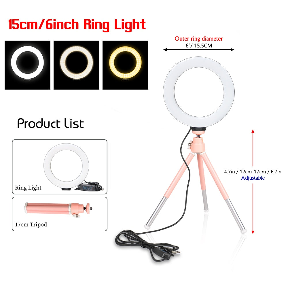 SH 16cm 6 inch Ring Light With Tripod Stand Usb Charge Selfie Led Lamp Dimmable Photography Light For Photo Photography Studio - TIKIJTRONICS # 0