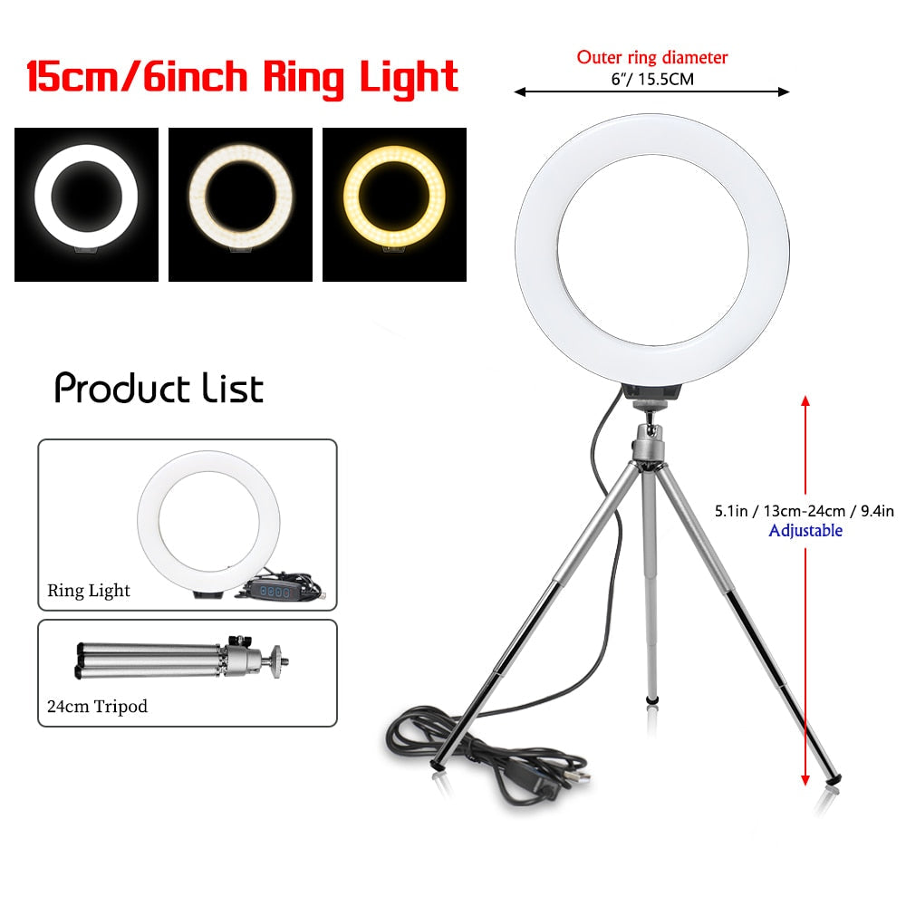 SH 16cm 6 inch Ring Light With Tripod Stand Usb Charge Selfie Led Lamp Dimmable Photography Light For Photo Photography Studio - TIKIJTRONICS # 0