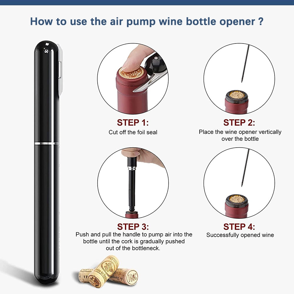 Safety Air Pump Wine Bottle Opener with Foil Cutter Wine Corkscrew Stainless Steel Pin Wine Air Pressure Corkscrew Cork Remover - TIKIJTRONICS # 0