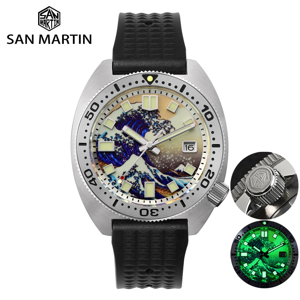 San Martin Diver 6105 Wave 3D Printing Full Luminous Kanagawa Surfing Dial NH35 Automatic Mechanical Men Watch Sapphire Date - TIKIJTRONICS # 0