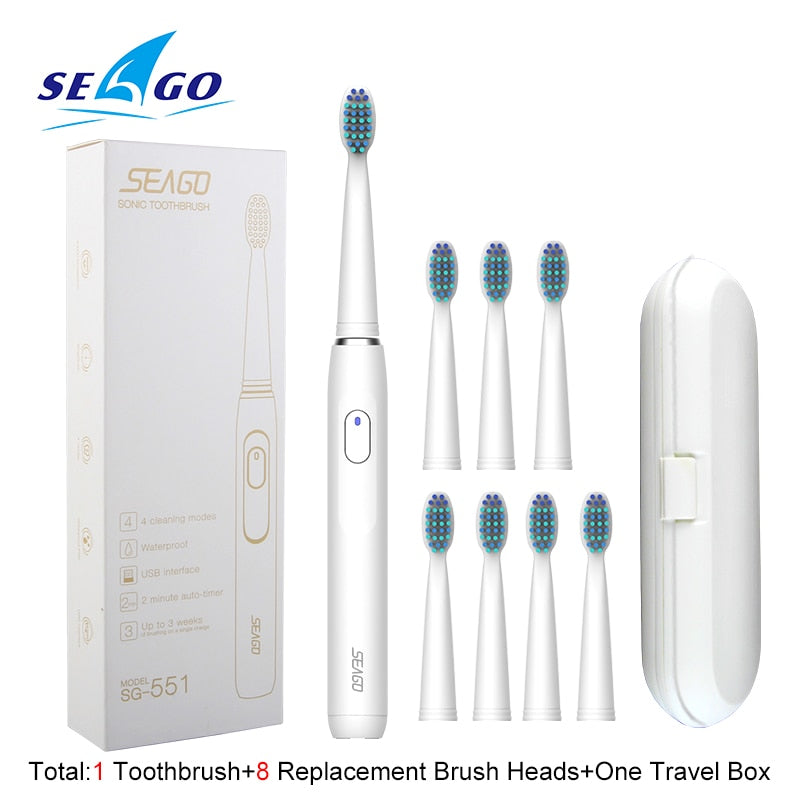 Seago Sonic Rechargeable Electric Toothbrush with 3 Replacement Brush Heads 2 Minutes Timer & 4 Brushing Modes Waterproof SG551 TIKIJTRONICS