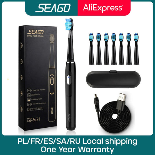 Seago Sonic Rechargeable Electric Toothbrush with 3 Replacement Brush Heads 2 Minutes Timer & 4 Brushing Modes Waterproof SG551 TIKIJTRONICS