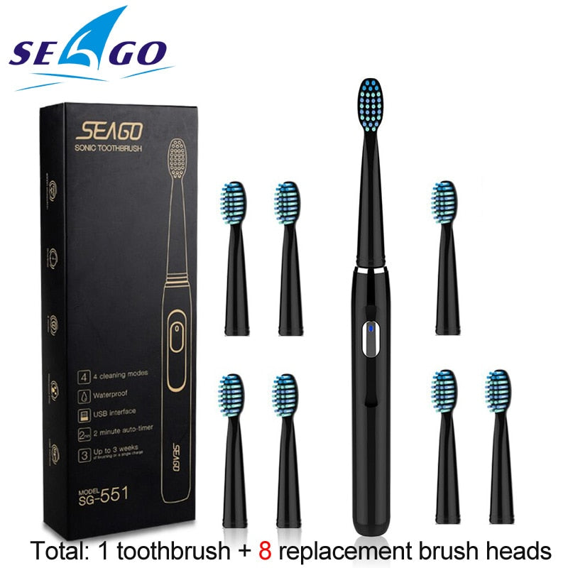 Seago Sonic Rechargeable Electric Toothbrush with 3 Replacement Brush Heads 2 Minutes Timer & 4 Brushing Modes Waterproof SG551 TIKIJTRONICS