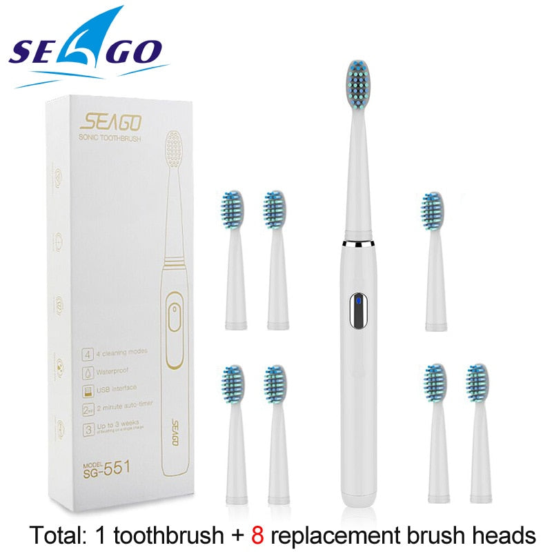 Seago Sonic Rechargeable Electric Toothbrush with 3 Replacement Brush Heads 2 Minutes Timer & 4 Brushing Modes Waterproof SG551 TIKIJTRONICS