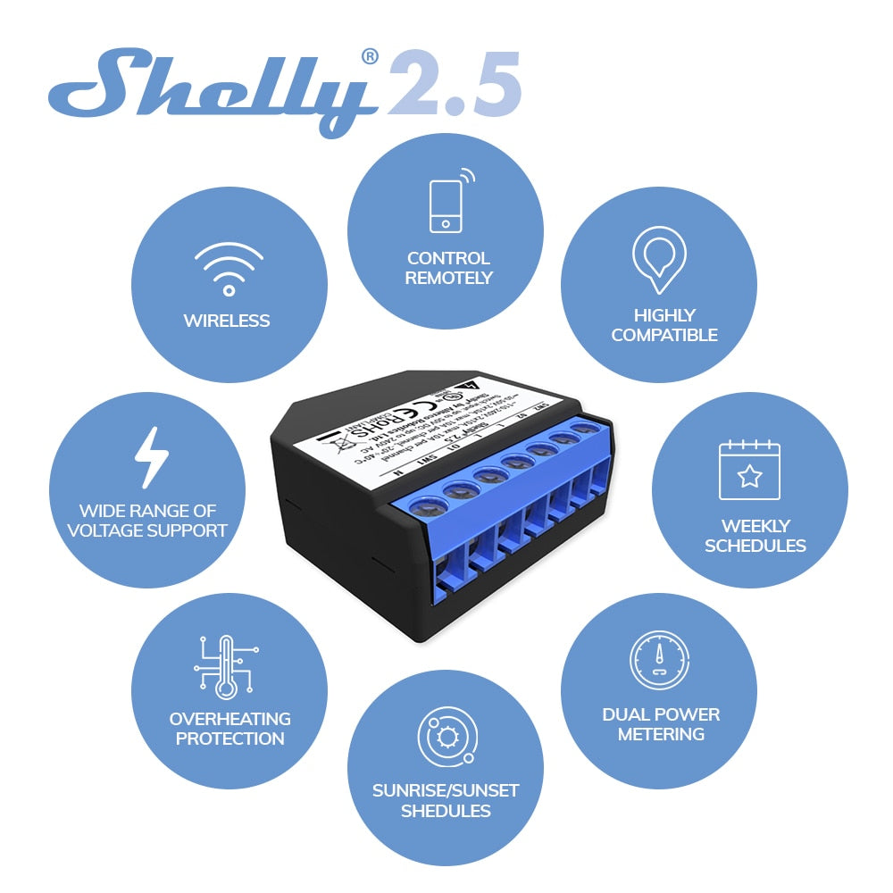 Shelly 2.5 Smart Home Double Relay WiFi Switch Roller Shutter Open Source Wireless  For Garage Door Curtain Dual Power Metering - TIKIJTRONICS # 0