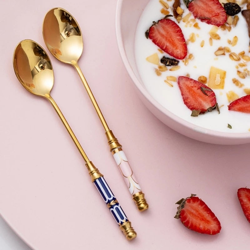 Stainless Steel Dessert Spoon Ceramic Long Handle Icecream Spoon Teaspoon Gold Coffee Cake Fruit Milk Spoon Kitchen Tableware - TIKIJTRONICS 0 SPECIFICATIONSUsage: Tea/Coffee/Milk/CakeStyle: European styleOrigin: Mainland ChinaMaterial: Stainless SteelMaterial: 304 stainless steelFeature: Eco-FriendlyColor: Gold&CeramicsBrand Name: olevo TIKIJTRONICS  (Store description)