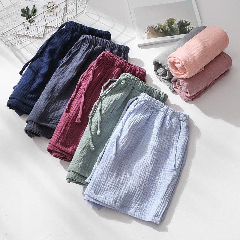 Summer Couples Sleep Pants 100% Cotton Crepe Pajama Shorts Men and Women Elastic Waist Sleep Bottoms Solid Sleeping Shorts 2020 TIKIJTRONICS