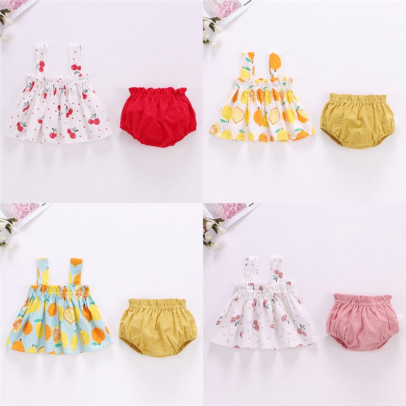 Summer newborn baby girl clothes set Cotton mini dress + shorts/ bloomers Lemon Cherry Printed for infant 0-24M Clothing outfit TIKIJTRONICS