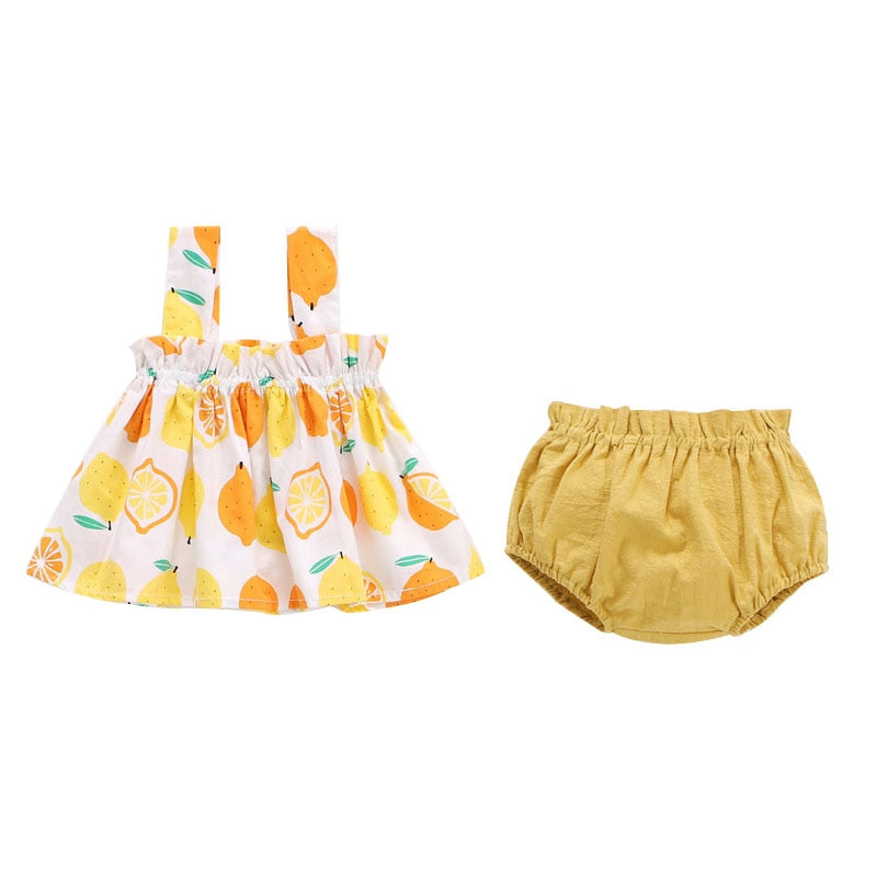 Summer newborn baby girl clothes set Cotton mini dress + shorts/ bloomers Lemon Cherry Printed for infant 0-24M Clothing outfit TIKIJTRONICS