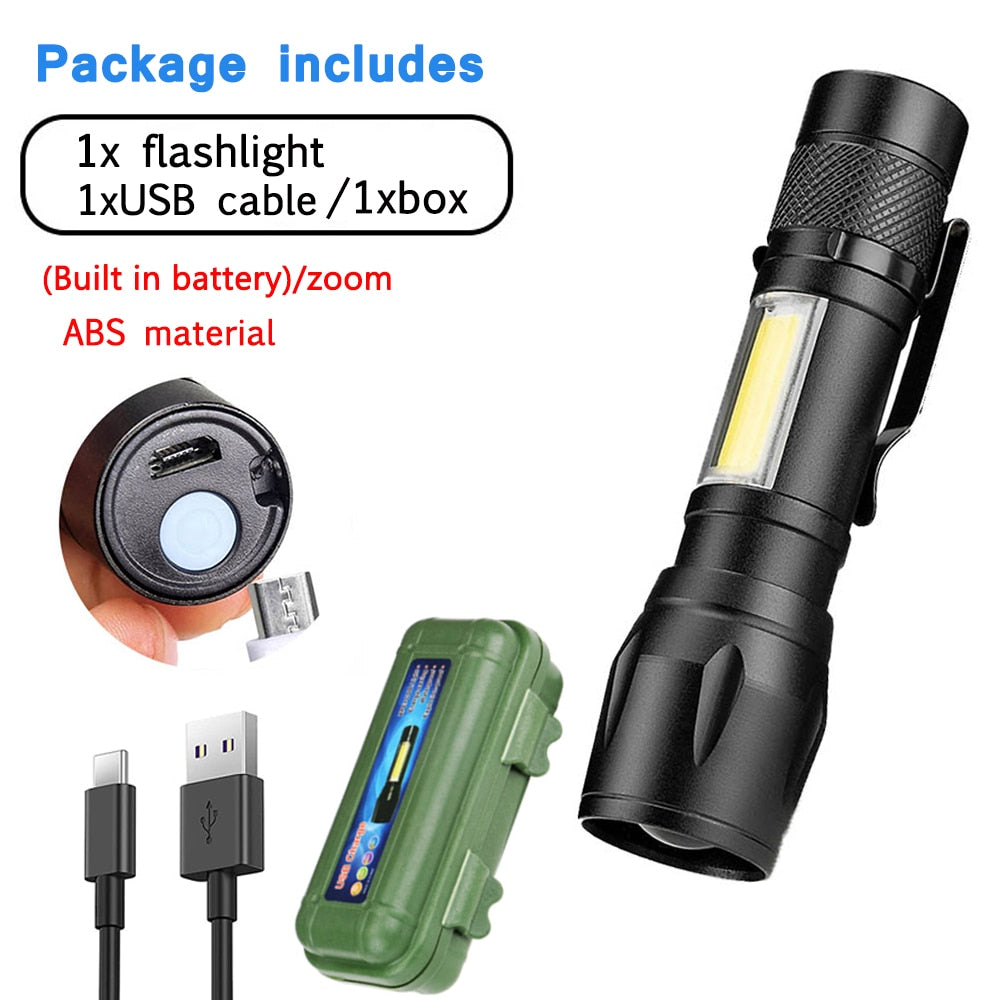 T6 LED Pocket Flashlight Strong Light Zoom 3modes USB Rechargeable Aluminum Alloy Portable Flashlight  Waterproof with Hook Clip - TIKIJTRONICS # 0