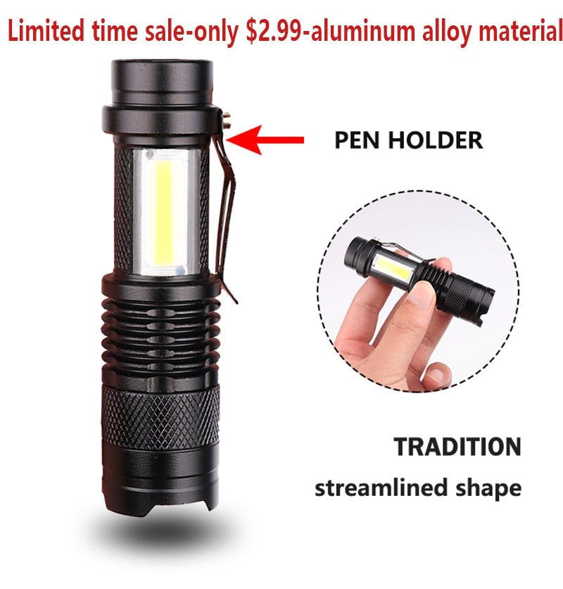 T6 LED Pocket Flashlight Strong Light Zoom 3modes USB Rechargeable Aluminum Alloy Portable Flashlight  Waterproof with Hook Clip - TIKIJTRONICS # 0