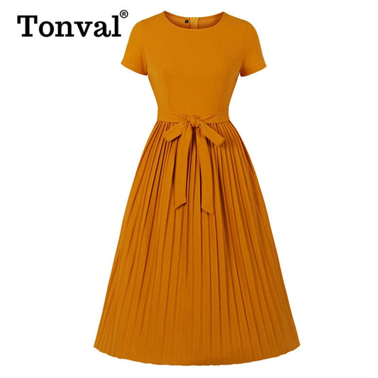 Tonval Ginger High Waist Belted Pleated Elegant Party Long Dress Women Autumn Casual Fit and Flare Ladies Midi Dresses - TIKIJTRONICS # 0