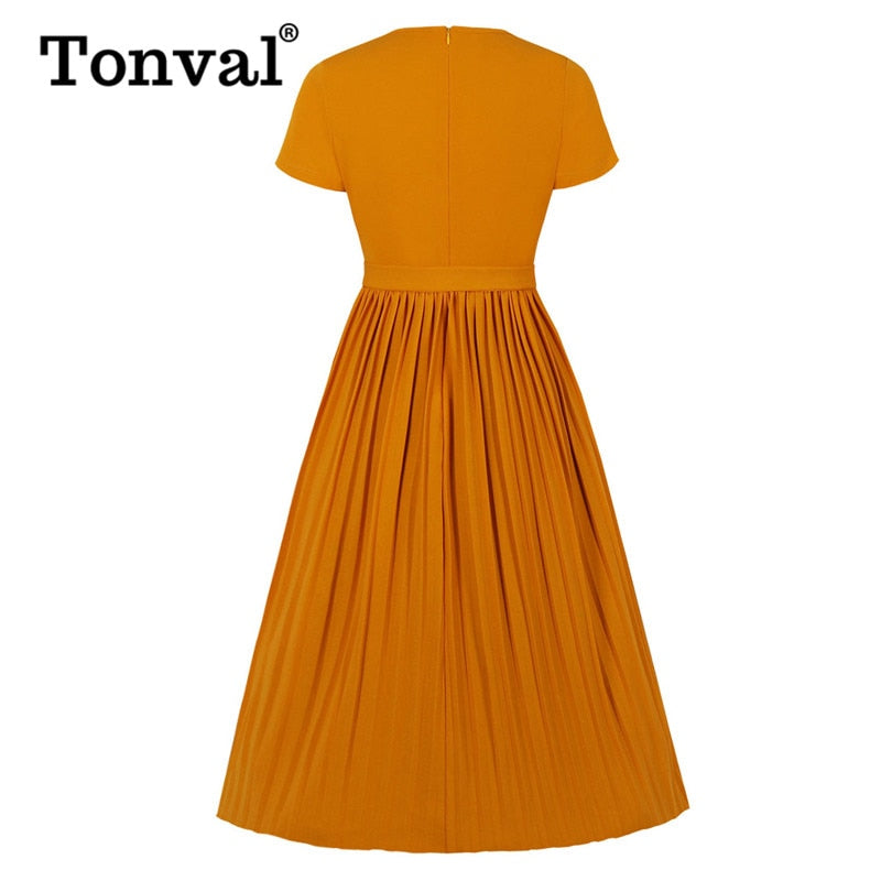 Tonval Ginger High Waist Belted Pleated Elegant Party Long Dress Women Autumn Casual Fit and Flare Ladies Midi Dresses - TIKIJTRONICS # 0