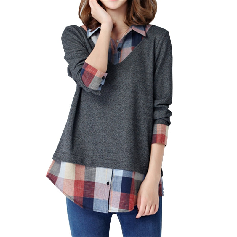 Tunic Women's Oversized Clothes Long Sleeve Fashion Woman Blouses 2022 Kimono Lady Blouse Shirt Women Plaid Patchwork Collar Top - Premium 0 from TIKIJTRONICS - Just $18.96! Shop now at TIKIJTRONICS