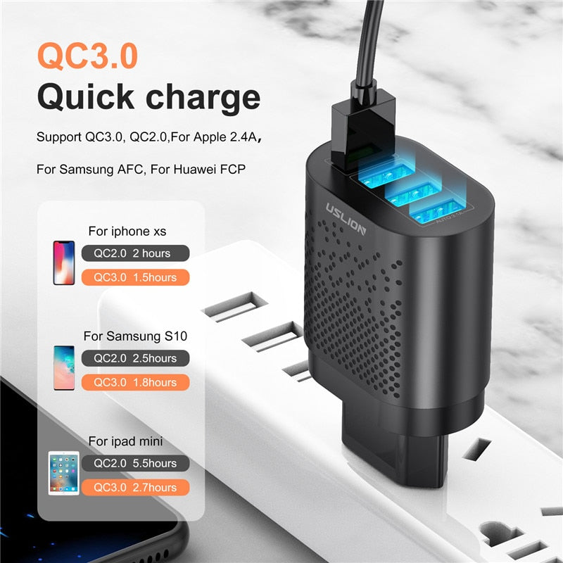 USLION EU/US Plug USB Charger 3A Quik Charge 3.0 Mobile Phone Charger For iPhone 11 Samsung Xiaomi 4 Port 48W Fast Wall Chargers - Premium 0 from TIKIJTRONICS - Just $4.39! Shop now at TIKIJTRONICS