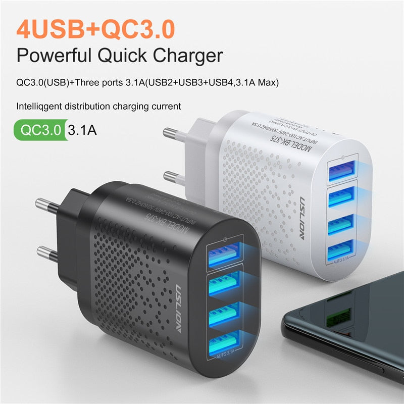 USLION EU/US Plug USB Charger 3A Quik Charge 3.0 Mobile Phone Charger For iPhone 11 Samsung Xiaomi 4 Port 48W Fast Wall Chargers - Premium 0 from TIKIJTRONICS - Just $4.39! Shop now at TIKIJTRONICS