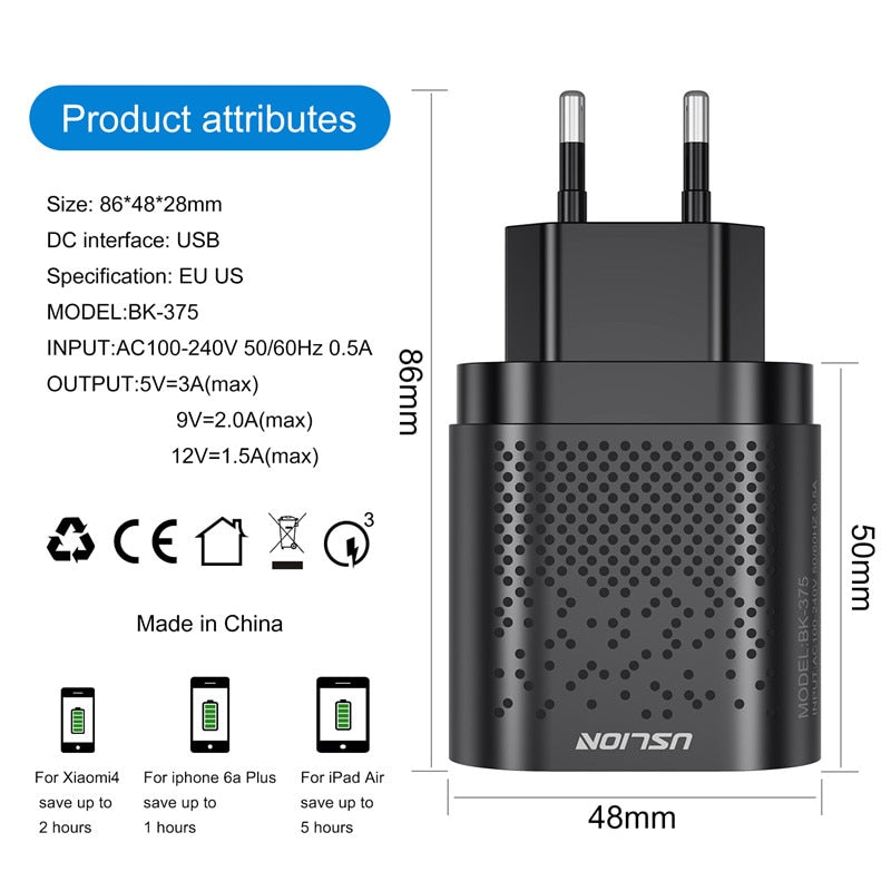 USLION EU/US Plug USB Charger 3A Quik Charge 3.0 Mobile Phone Charger For iPhone 11 Samsung Xiaomi 4 Port 48W Fast Wall Chargers - Premium 0 from TIKIJTRONICS - Just $4.39! Shop now at TIKIJTRONICS